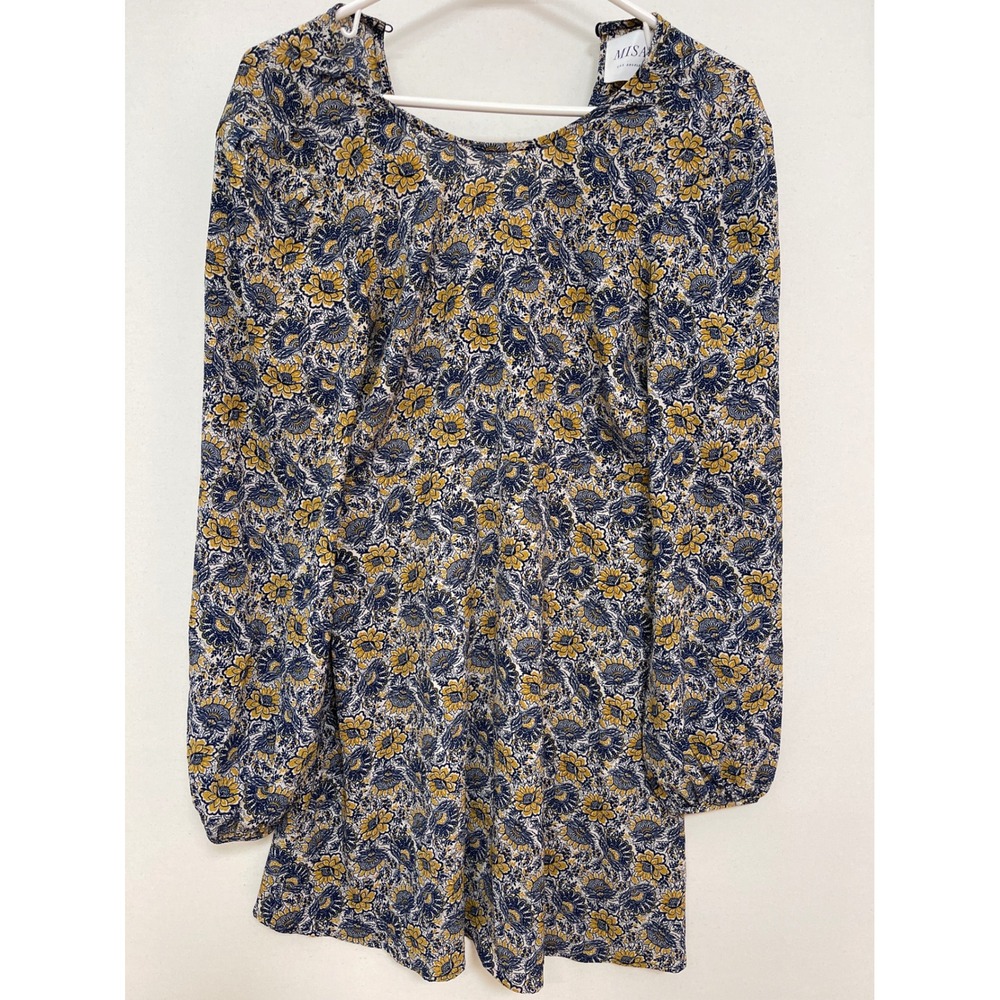 MISA Los Angeles Floral Paisley V-Neck Mini Dress Yellow Blue Long Sleeve